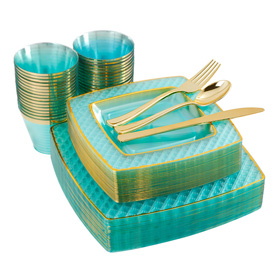 Mint with Gold Sqaure Plastic Silverware Set：25 Dinner Plates 10.25
