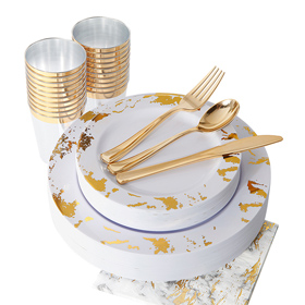 Gold Marbling Disposable Plastic Silverware Set：25 Dinner Plates,25 Dessert Plates, 25 Forks,25 Knives, 25 Spoons, 25 Cups,25 Napkins.