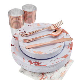 Rose Gold Marbling Disposable Plastic  Silverware Set：25 Dinner Plates,25 Dessert Plates, 25 Forks,25 Knives, 25 Spoons, 25 Cups,25 Napkins.