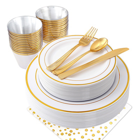 Gold  Plastic Silverware Setting: 25 Dinner Plates,25 Dessert Plates, 25 Forks,25 Knives, 25 Spoons, 25 Cups,25 Napkins 