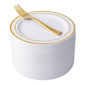 Heavyweight Plastic Disposable 7.5” Small Plates & 102 Silver Plastic Forks (gold)
