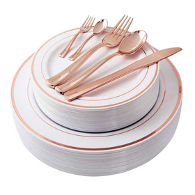 Rose Gold Plastic Silverware Including: 25 Dinner Plates,25 Dessert plates 25 Forks,25 Knives, 25 Spoons. 25 Mini Forks,25 Mini Spoons.