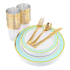 NERVURE 25 Guest Gold Plastic Plates Include 25 Dinner Plates, 25 Dessert Plates, 25 Forks, 25 Knives, 25 Spoons & 10 oz Plastic Cups (Mint)