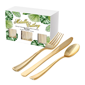 Piece Gold Plastic Silverware Set,Including 150 Forks, 75 Knives, 75 Spoons. Perfect for Parties.