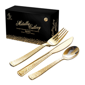 Piece Gold Hammered Plastic Silverware Set,  (100 Forks,100 Knives,100 Spoons) (gold)