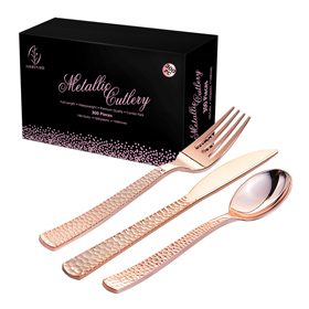 Piece Rose Gold Hammered Plastic Silverware Set, (100 Forks,100 Knives,100 Spoons) (Rose gold)